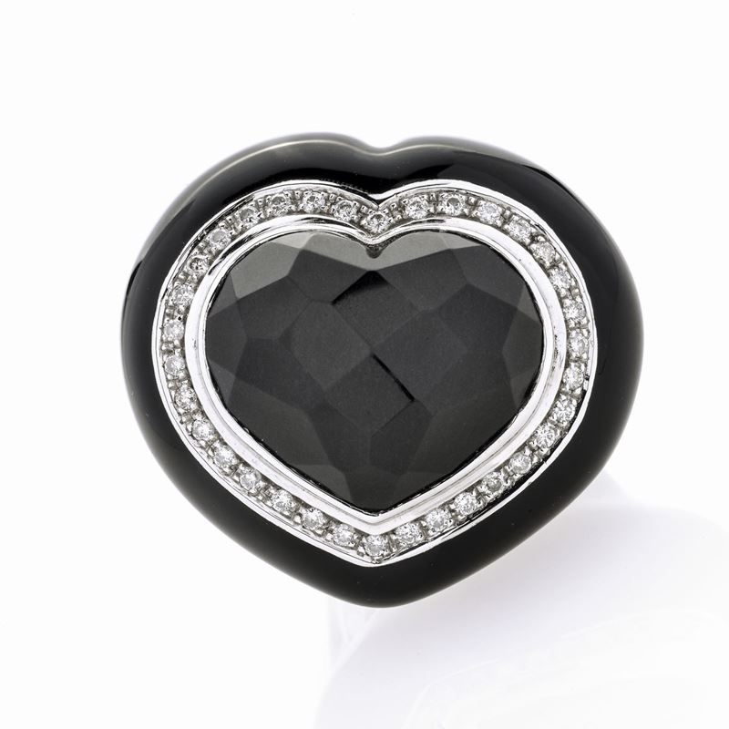 Anello in Oro Bianco, Smalto Nero, Onice e Diamanti