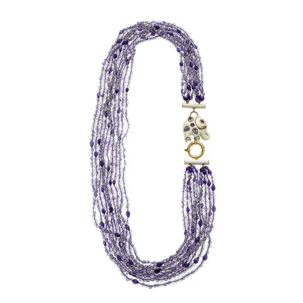 Millefili necklace in yellow gold, cream enamel and amethyst