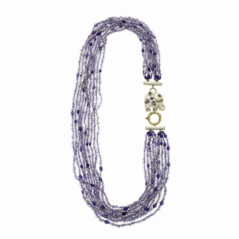 Collana Millefili in Oro Giallo, Smalto Color Crema e Ametista