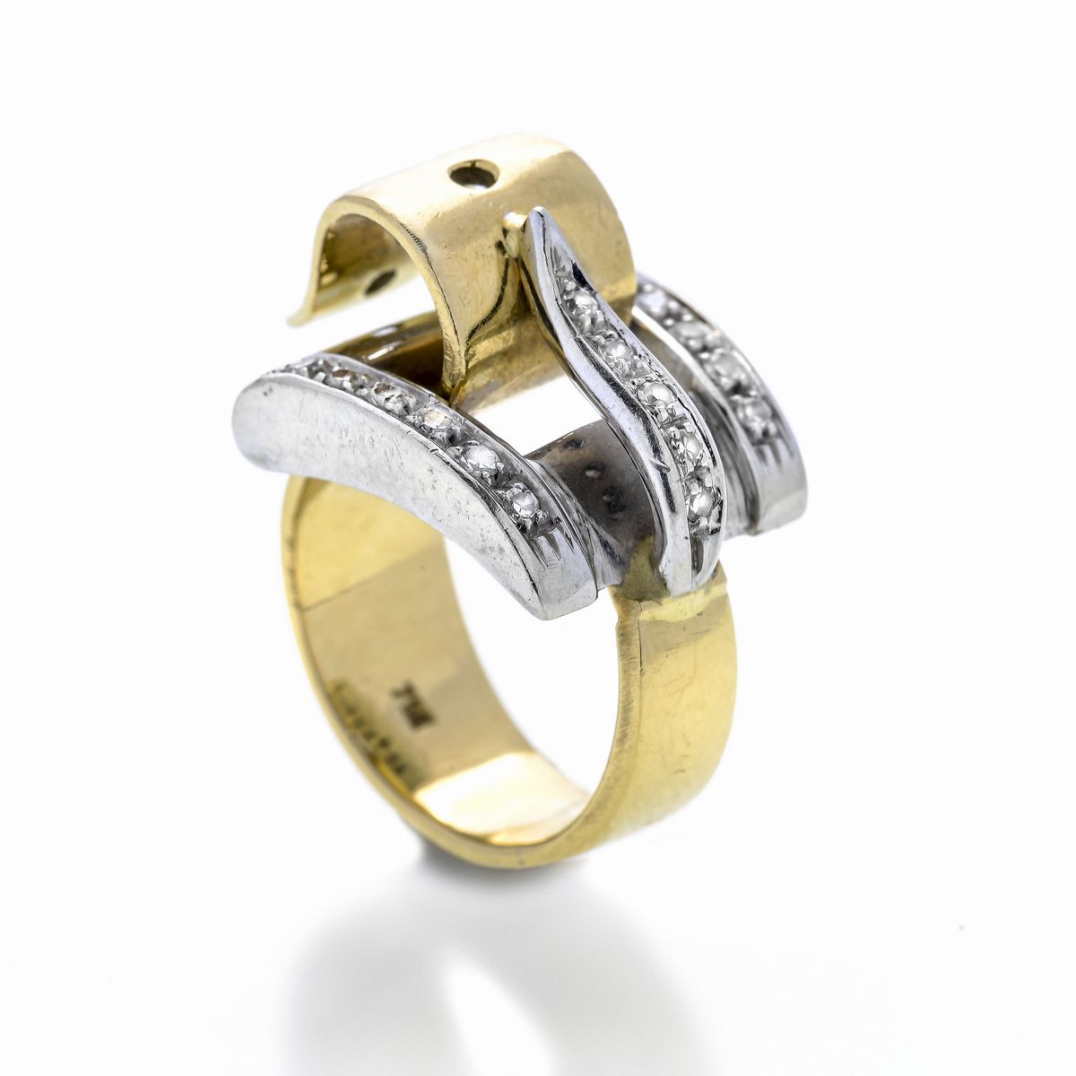 Anello da mignolo in oro giallo, oro bianco e diamanti