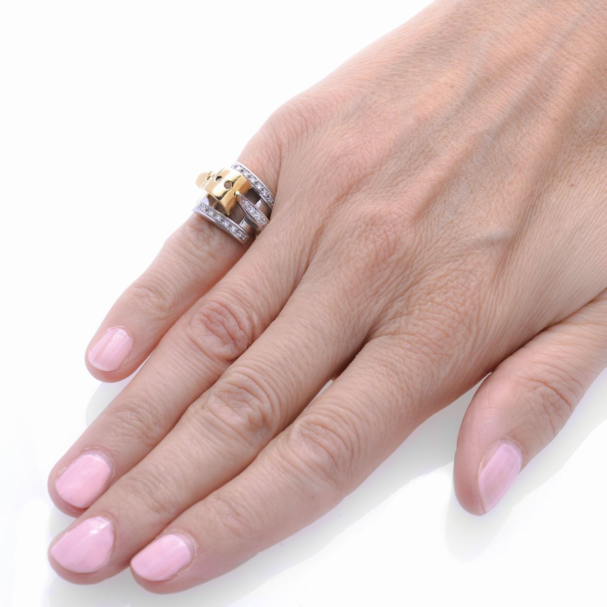 Anello da mignolo in oro giallo, oro bianco e diamanti