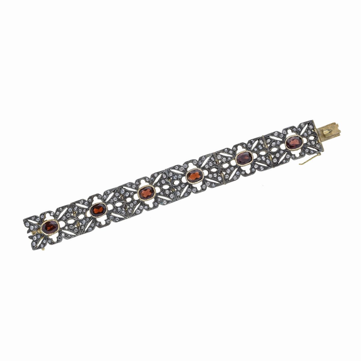 Alto Bracciale in Oro Giallo, Oro a Basso Titolo, Argento, Diamanti e Granati