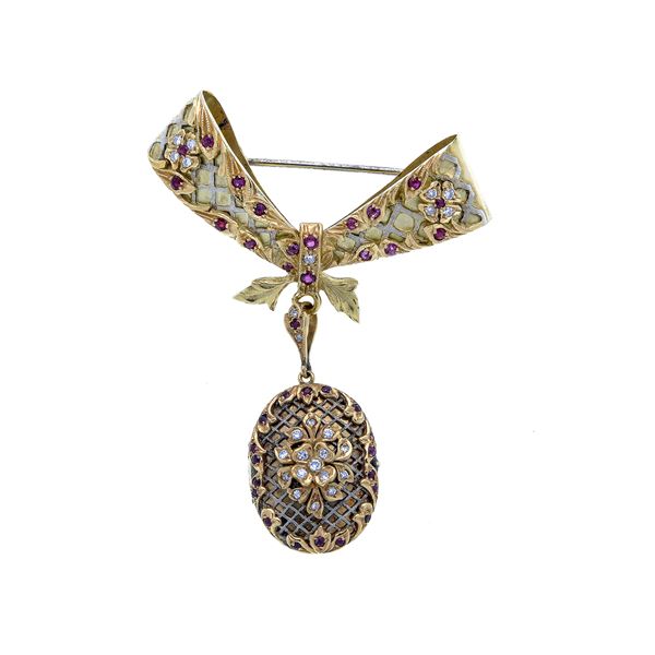 OROPA DI VALERIO PASSERINI - Pendant brooch in yellow gold, diamonds and rubies Oropa