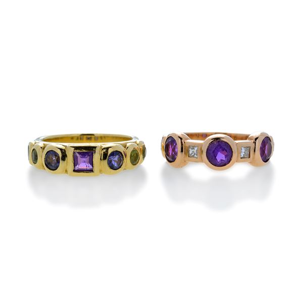Lot of two rings in yellow gold, pink gold, diamonds, amethysts and tourmalines