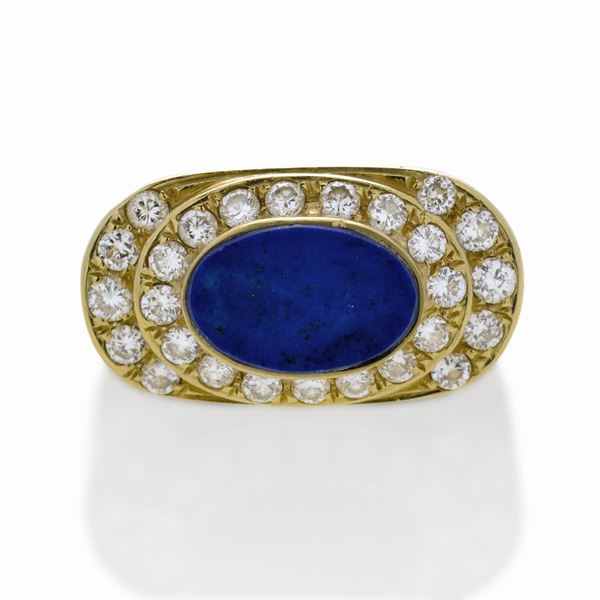 Bridge ring in yellow gold, diamonds and lapis lazuli