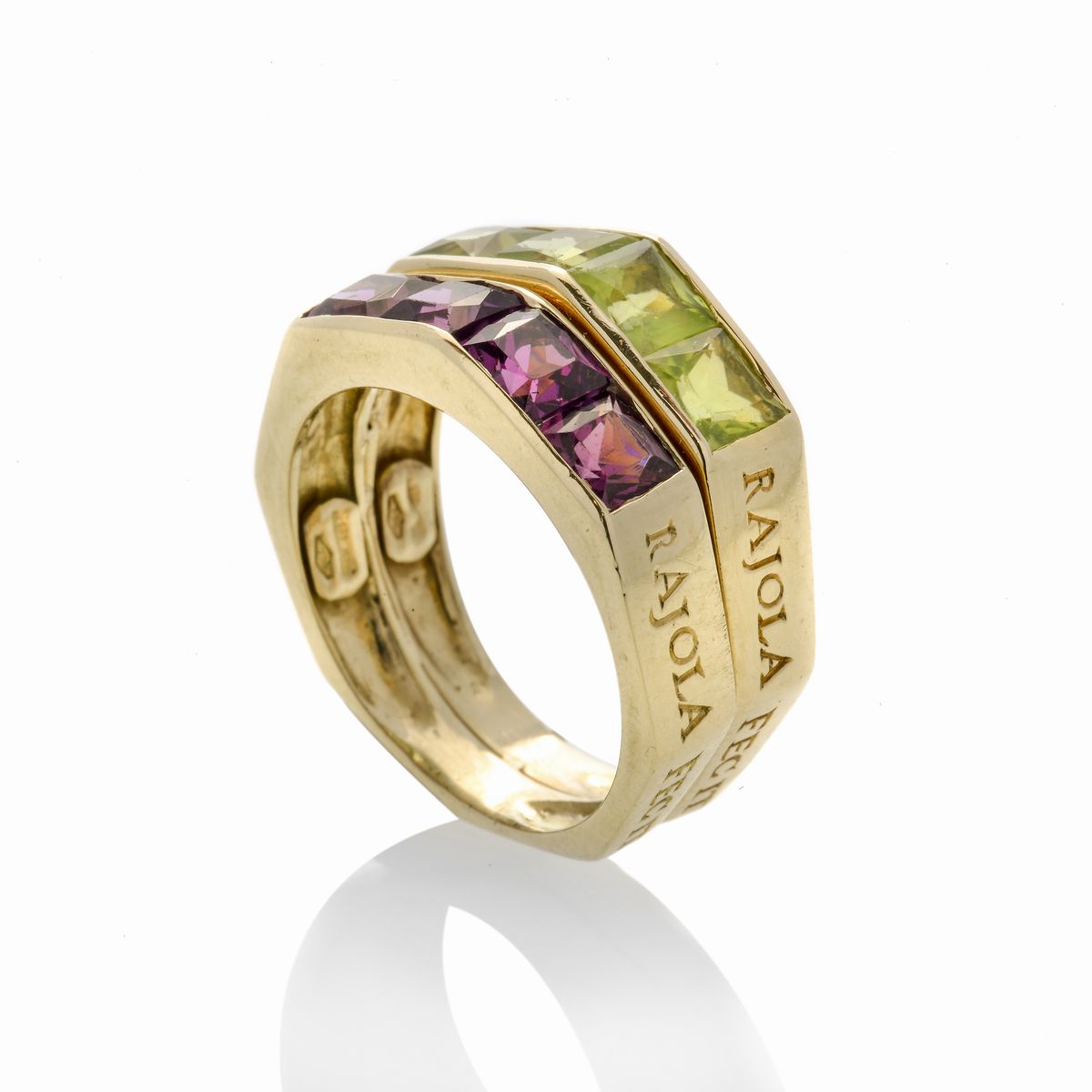 Anello Doppio in Oro Giallo, Peridoto Verde e Rosa Rajola