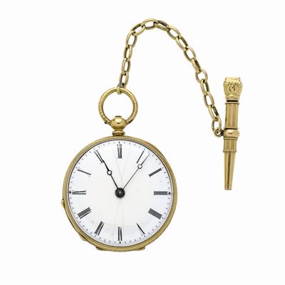Orologio da Tasca in Oro Giallo, Smalto Azzurro e Nero e Diamanti con Chiavetta