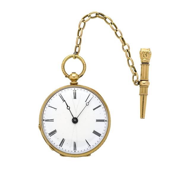 Pocket watch in yellow gold, blue and black enamel and diamonds with key