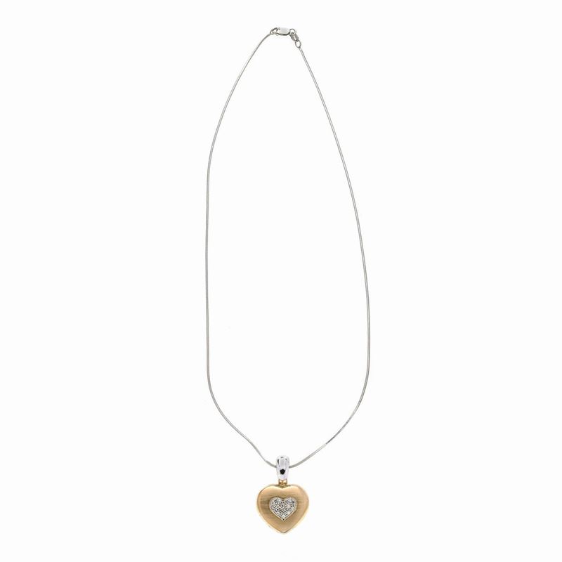 Catena con Pendente a Cuore in Oro Bianco, Oro Giallo e Diamanti