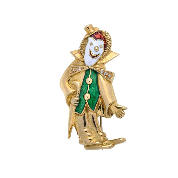 Clown brooch in yellow gold, diamonds and colored enamels