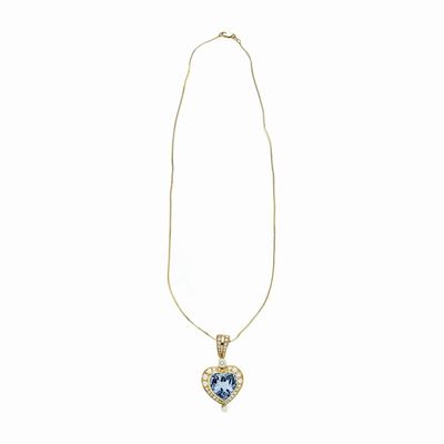 Catena con Cuore in Oro Giallo, Diamanti e Topazio Azzurro