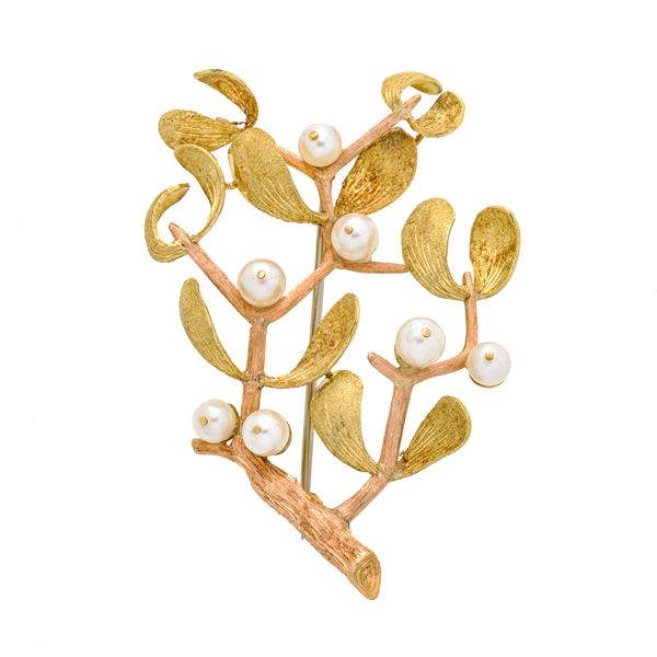 Spilla ramo di vischio in oro giallo, oro rosa e perle coltivate