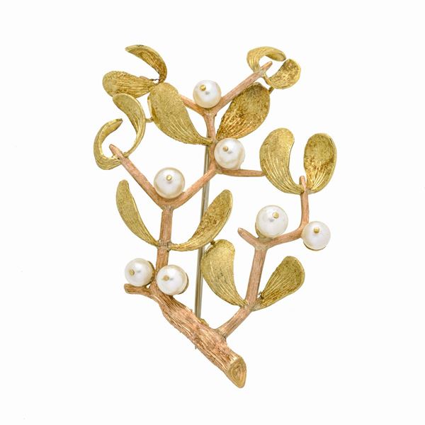 Brooch mistletoe in yellow gold, pink gold and pearls