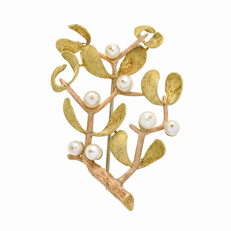 Spilla ramo di vischio in oro giallo, oro rosa e perle coltivate