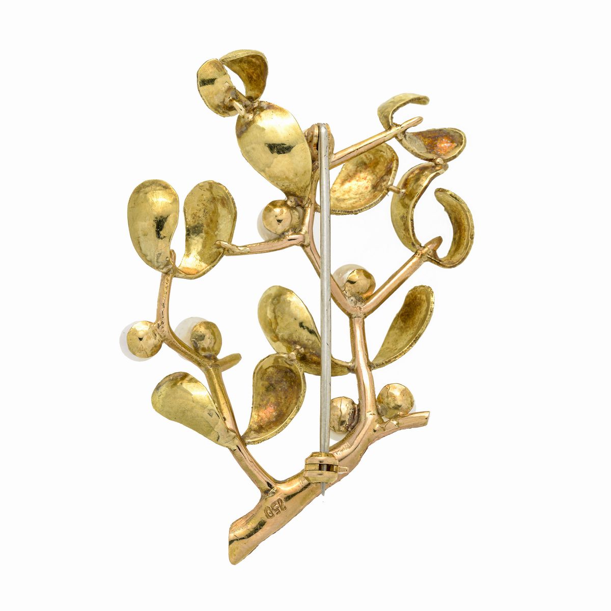 Spilla ramo di vischio in oro giallo, oro rosa e perle coltivate