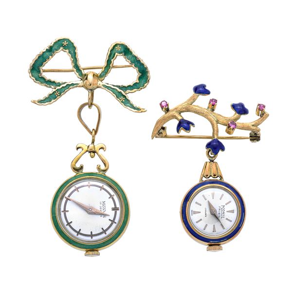 Two brooches with pocket watch in yellow gold and colored enamels