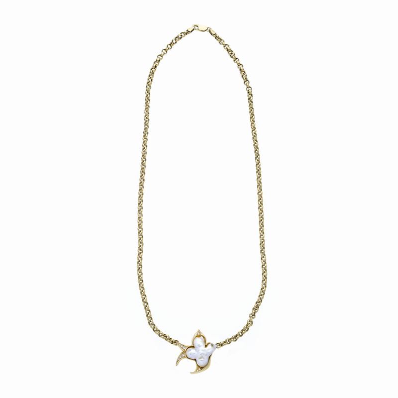 Collana Colomba in oro giallo, diamanti e perla mabè