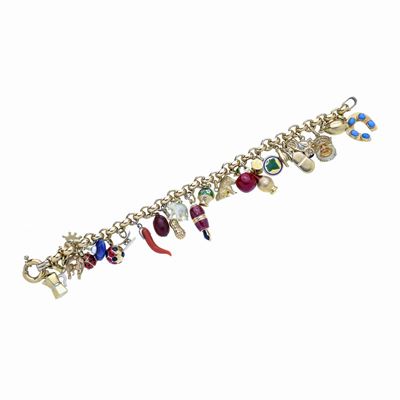 Bracciale con Charms in Oro Giallo, Smalti Colorati e Pietre Dure