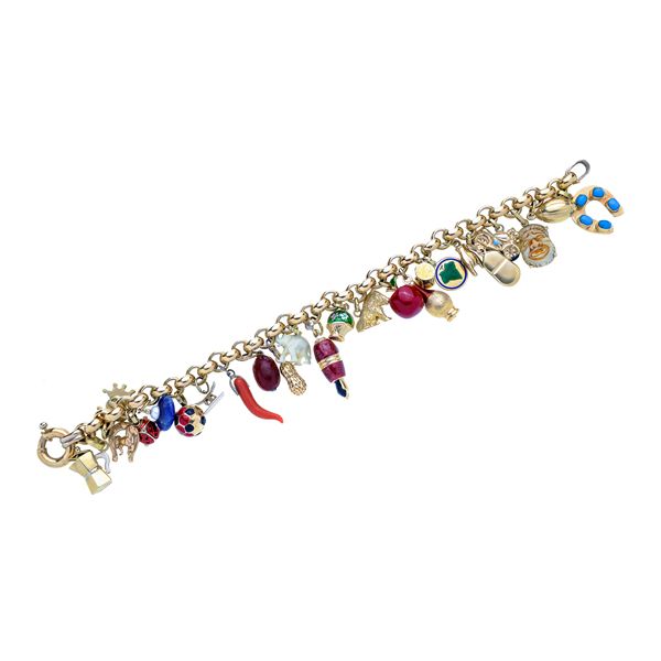 Bracelet with charms in yellow gold, enamels and semiprecious stones
