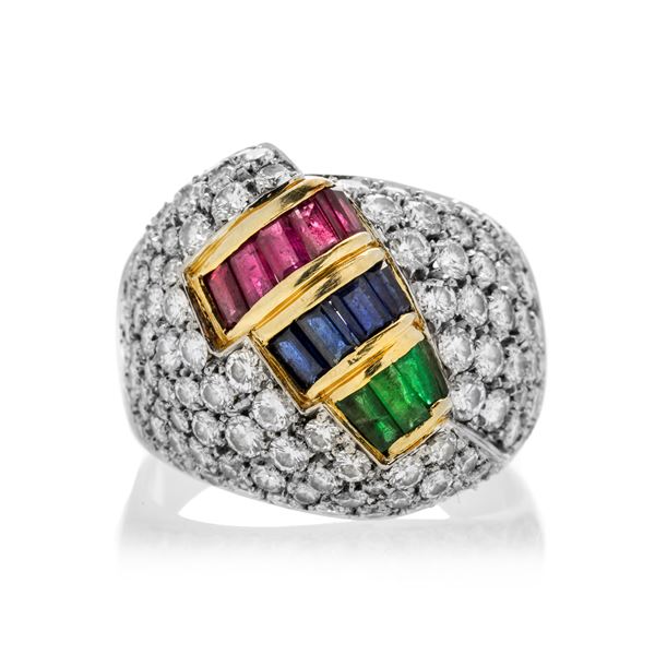 Band ring in yellow gold, white gold, diamonds, rubies, sapphires and emeralds
