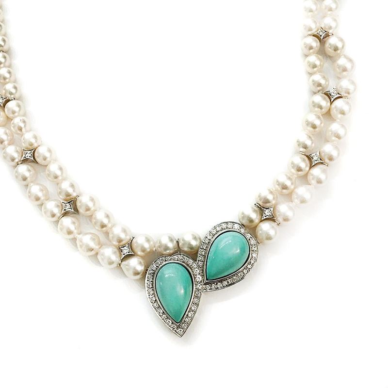 Collana in perle,oro giallo, oro bianco, diamanti e pasta di turchese