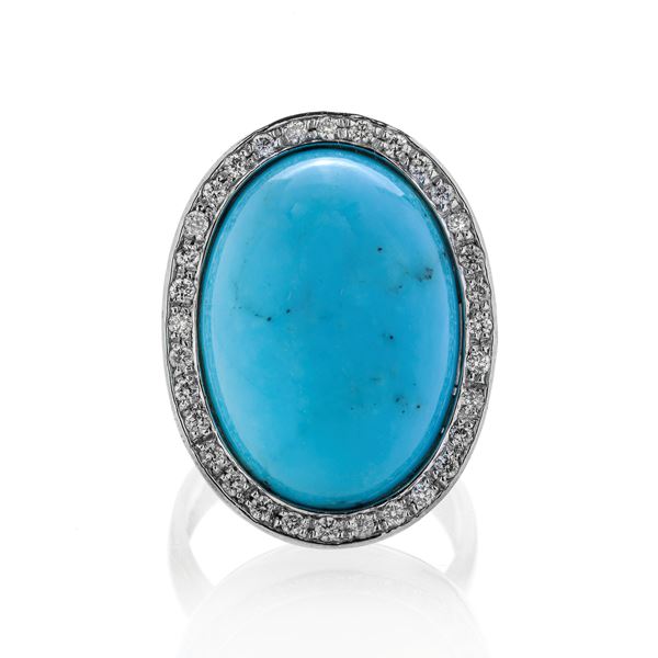 Big ring in white gold, diamonds and turquoise
