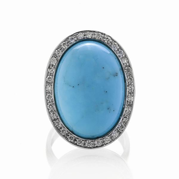 Big ring in white gold, diamonds and turquoise