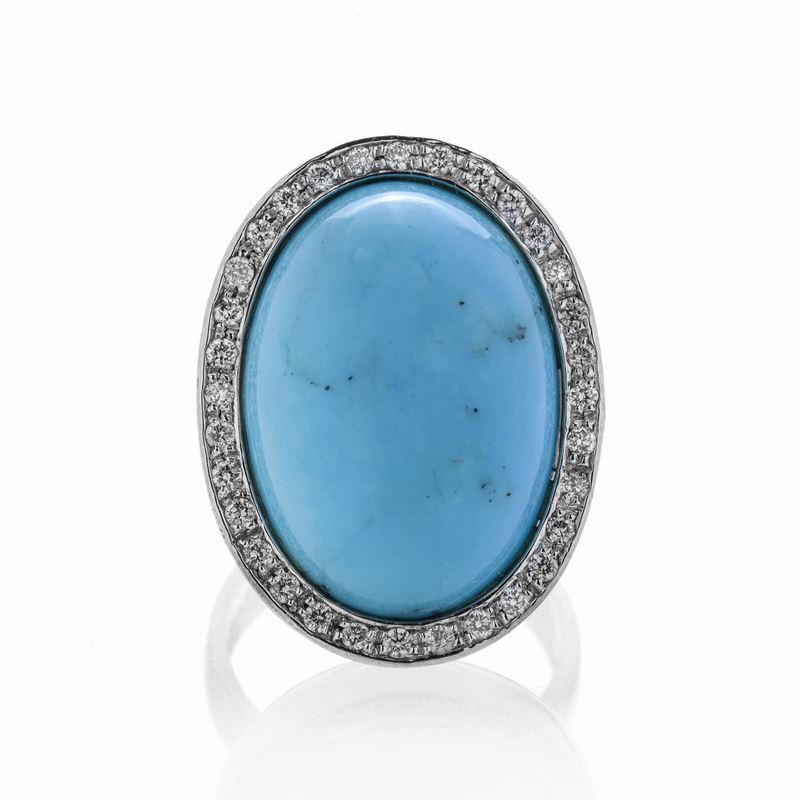 Grande anello in oro bianco, diamanti e turchese
