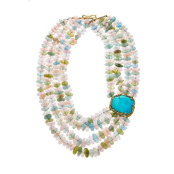 Large multi-strand necklace in aquamarine, rose quartz, turquoise, yellow gold and diamonds