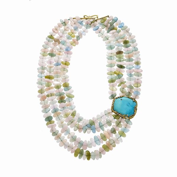 Large multi-strand necklace in aquamarine, rose quartz, turquoise, yellow gold and diamonds