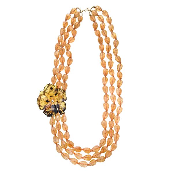 Large necklace in orange quartz, yellow gold and amber