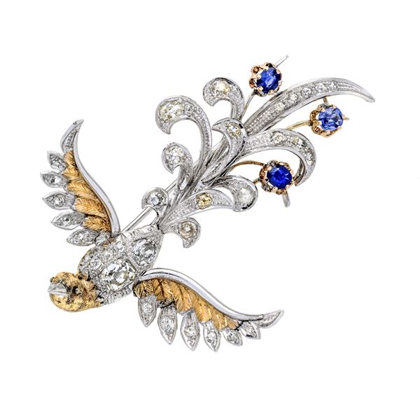 Big Phoenix brooch in white gold, yellow gold, diamonds and sapphires