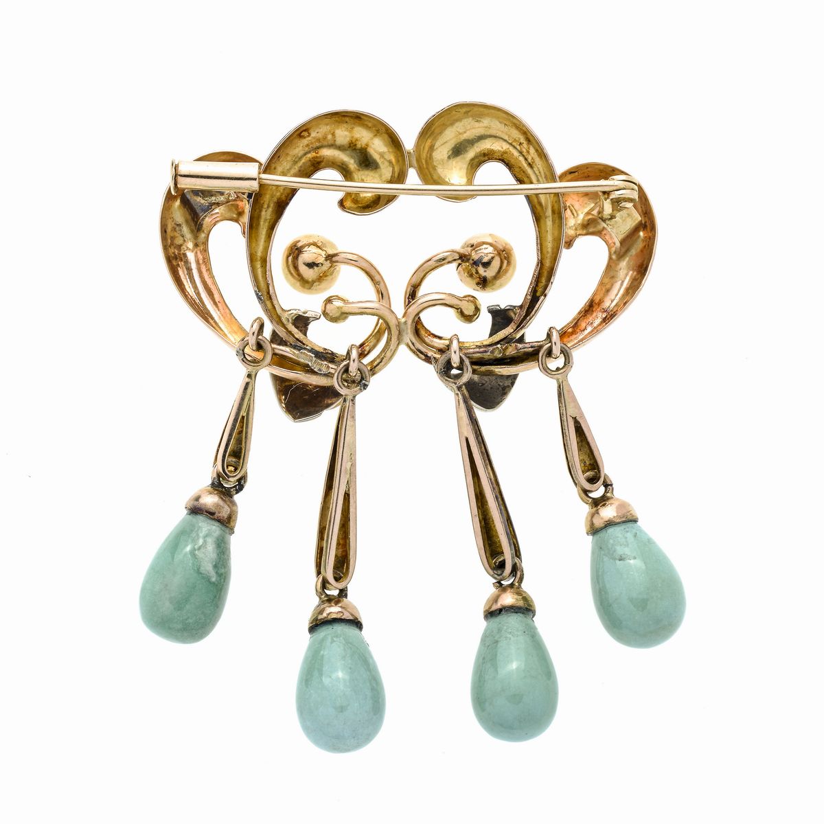 Spilla in oro rosa, oro bianco e calcedonio verde