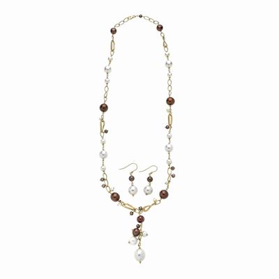 Lunga Collana e Paio di Orecchini in Oro Giallo, Perle Coltivate e Perle Brown