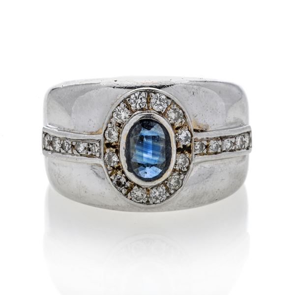 Band ring in white gold, diamonds and sapphire