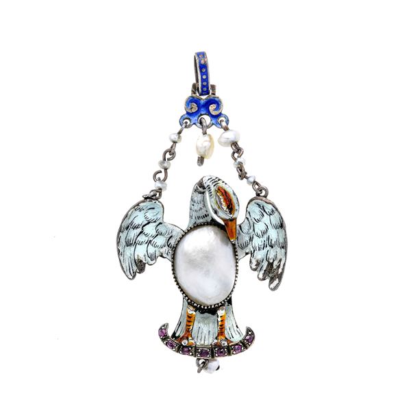 Pelican religious pendant in silver, colored enamels, rubies and mabe pearl