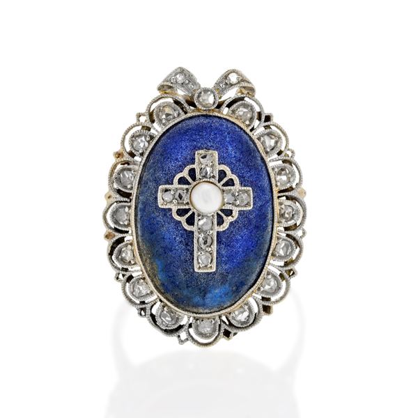 Religious ring in low titre gold, silver, diamonds, lapis lazuli and micro-pearls