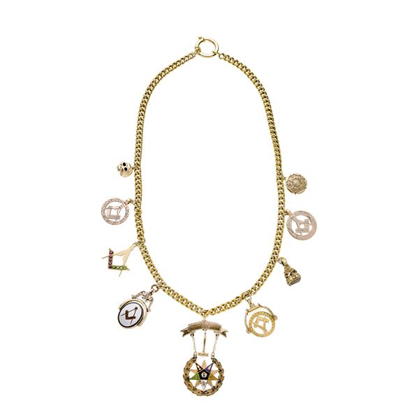 Necklace in 18 k gold, with low title gold Masonic pendants, colored enamels and semiprecious st