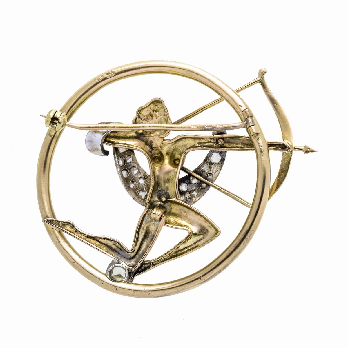 Spilla Sagittario in oro 14 kt, argento e diamanti