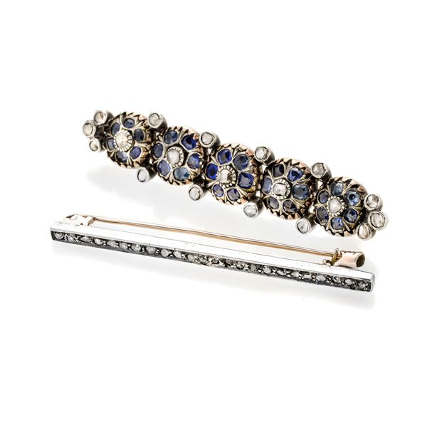 Two bar brooches in low title gold, silver, diamonds and sapphires