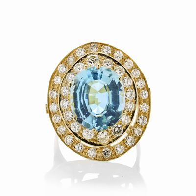 Anello in Oro Giallo, Diamanti e Topazio Azzurro