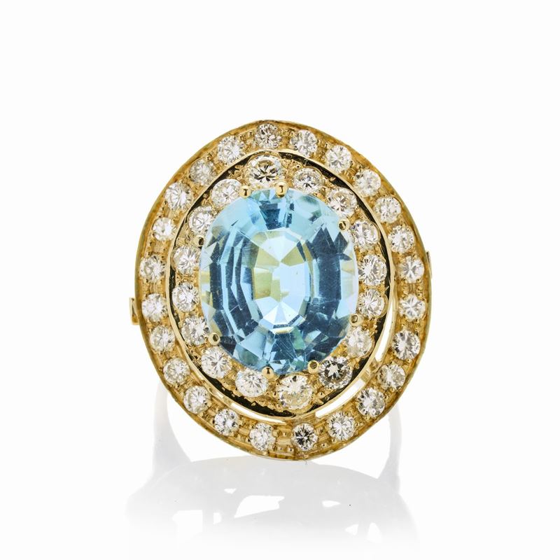 Anello in Oro Giallo, Diamanti e Topazio Azzurro