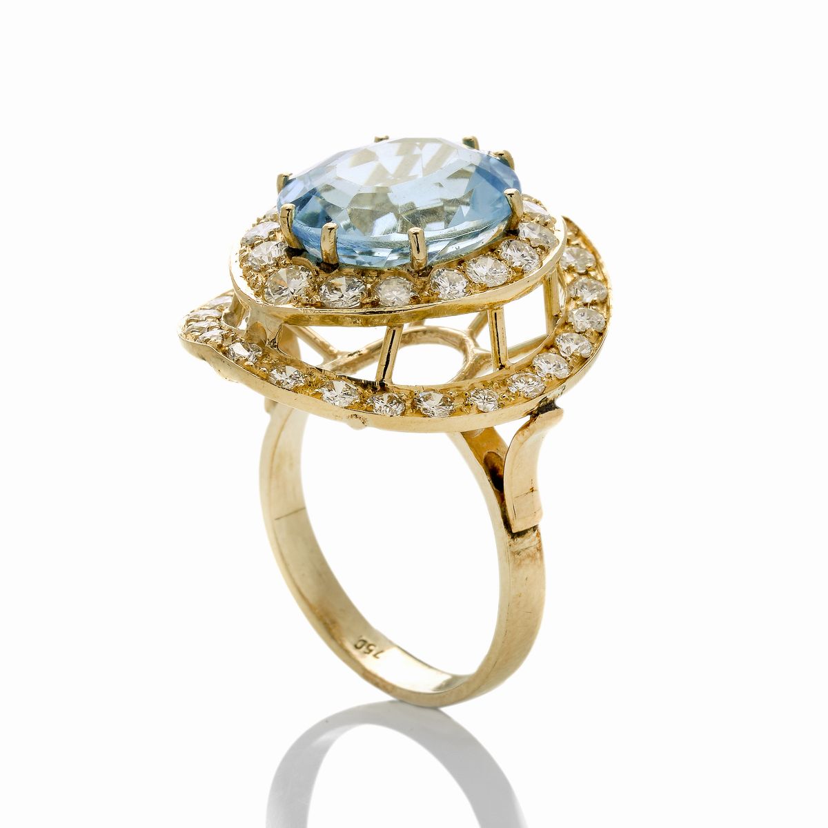 Anello in Oro Giallo, Diamanti e Topazio Azzurro