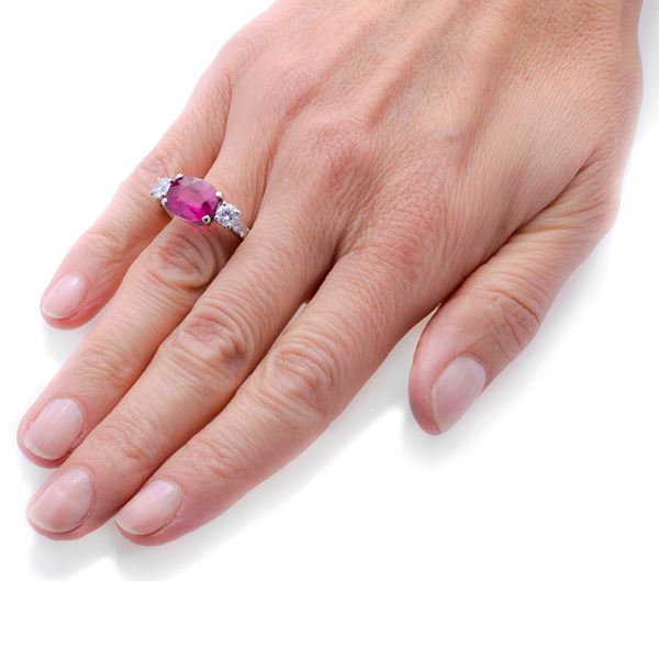 Ring in yellow gold, diamonds and pink tourmaline