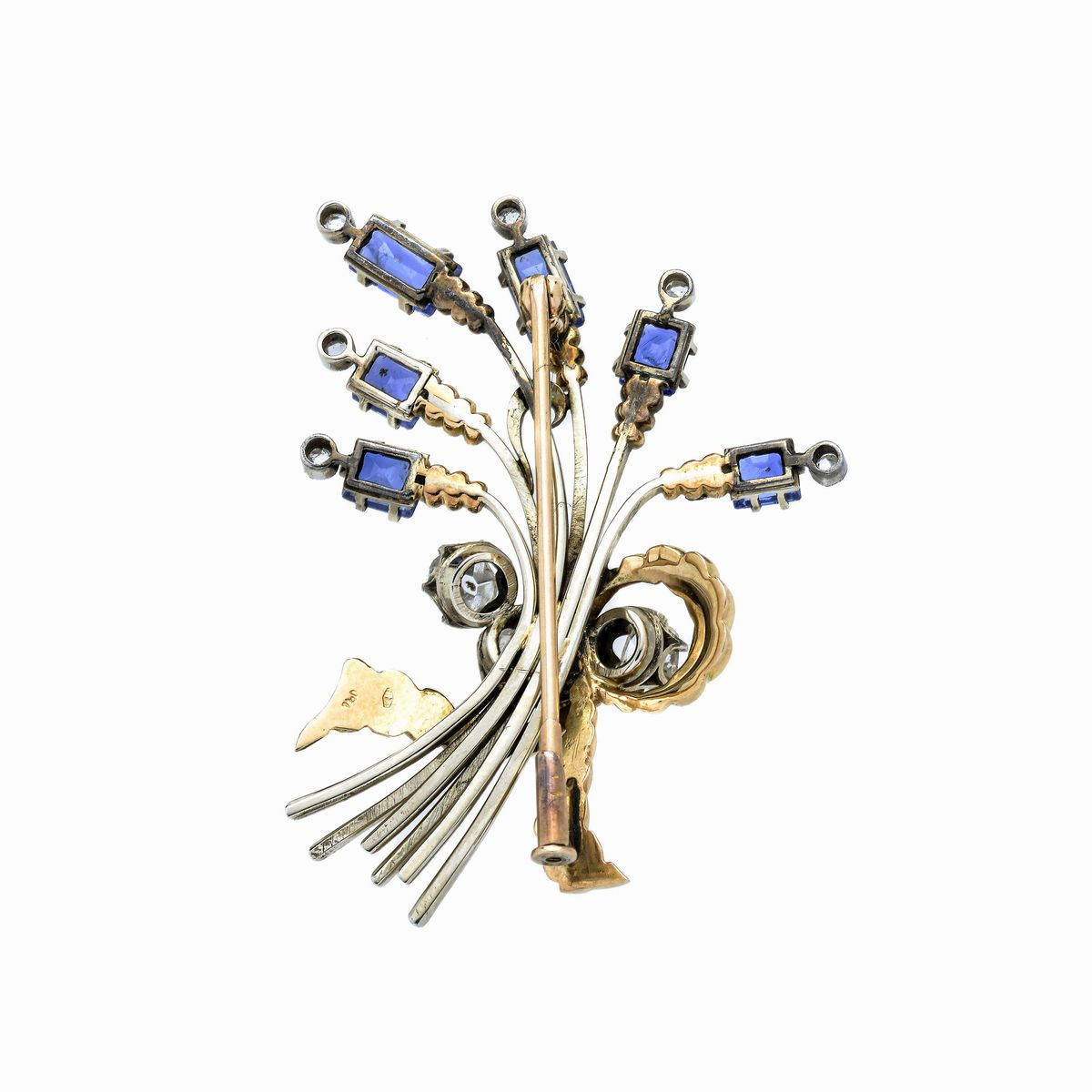 Spilla Fiori in oro giallo, oro bianco, diamanti e zaffiri