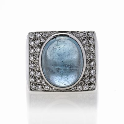 Anello a Scudo in Oro Bianco, Diamanti e Acquamarina