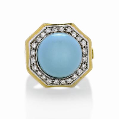 Anello in Oro Giallo, Oro Bianco, Diamanti e Turchese