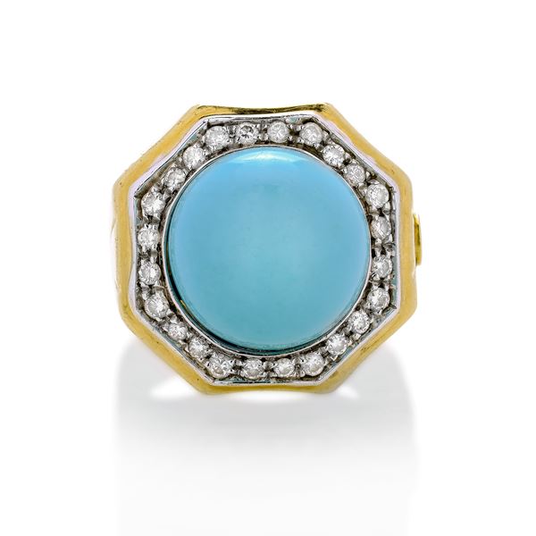 Ring in yellow gold, white gold, diamonds and turquoise