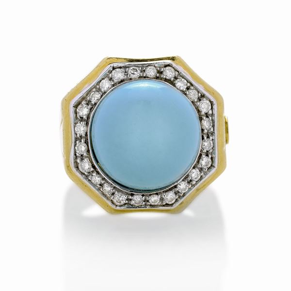 Anello in oro giallo, oro bianco, diamanti e turchese