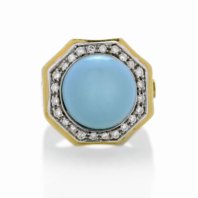 Anello in Oro Giallo, Oro Bianco, Diamanti e Turchese